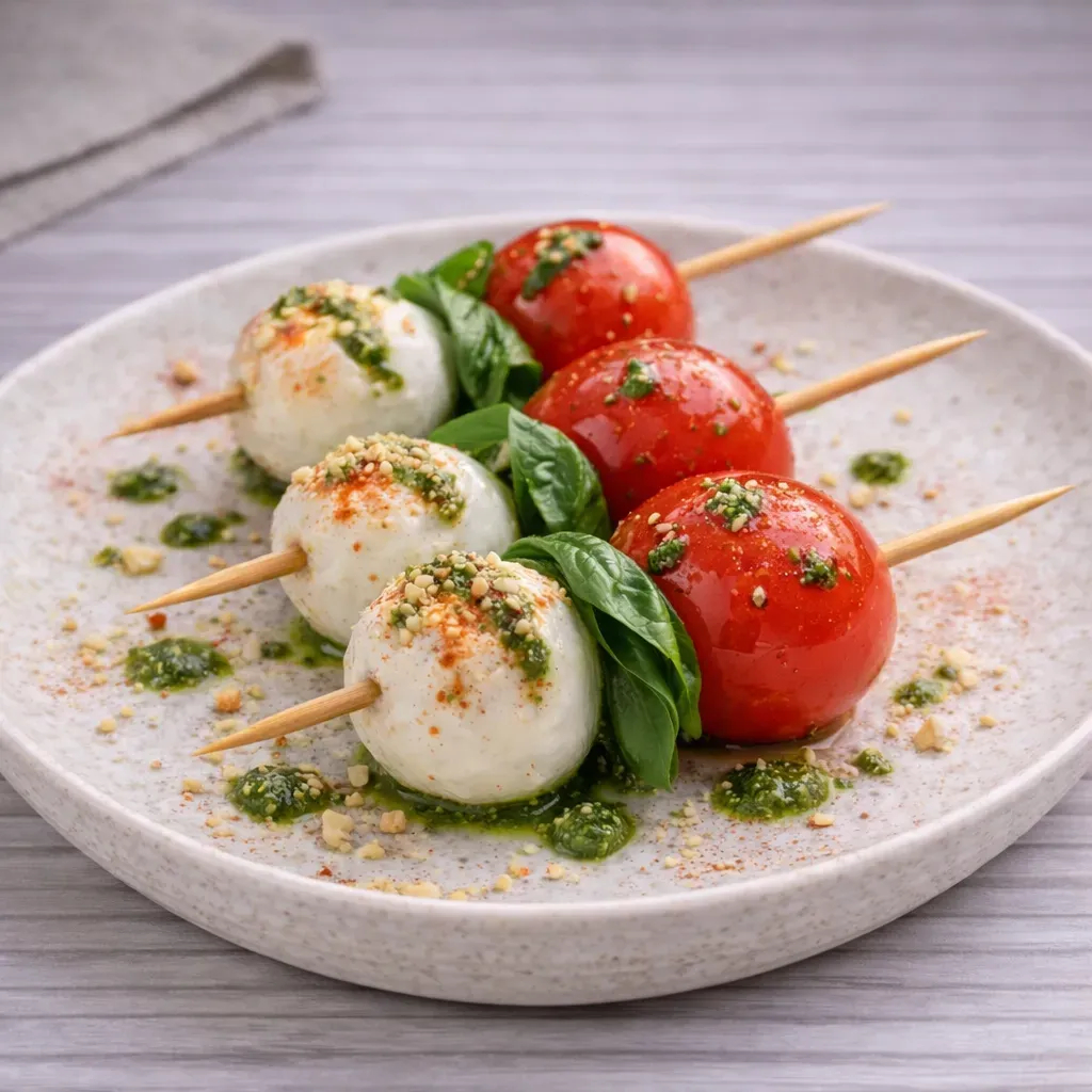 Brocheta caprese con mozzarella, cherry y pesto