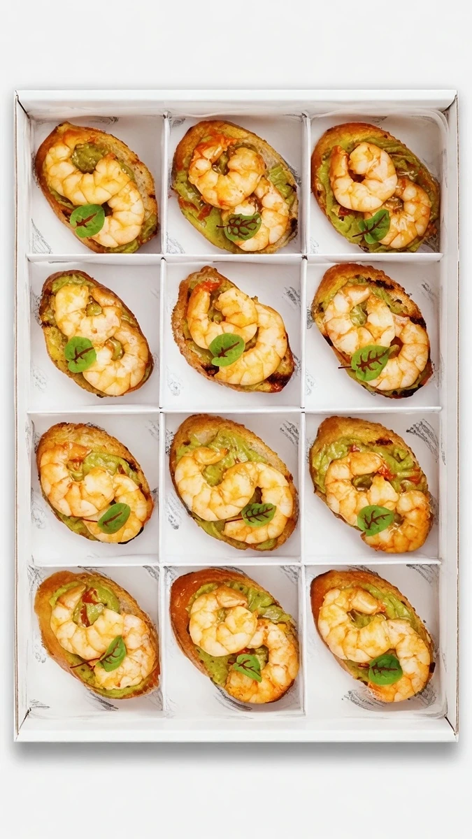 Bruschetta de langostino y guacamole