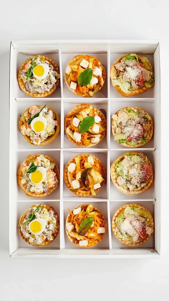 Surtido de mini-ensaladas en tartaleta — ensaladilla rusa, zanahoria, césar