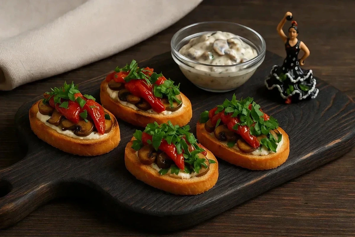 Mini tosta de champiñones y pimiento asado