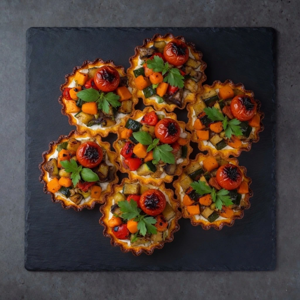 Tartaleta de verduras asadas y crema de queso