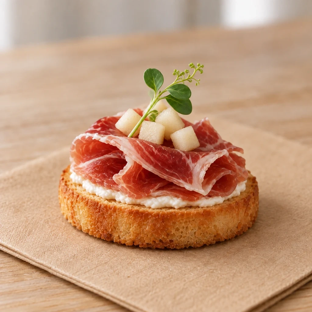 Mini tosta de jamón serrano, pera y mascarpone