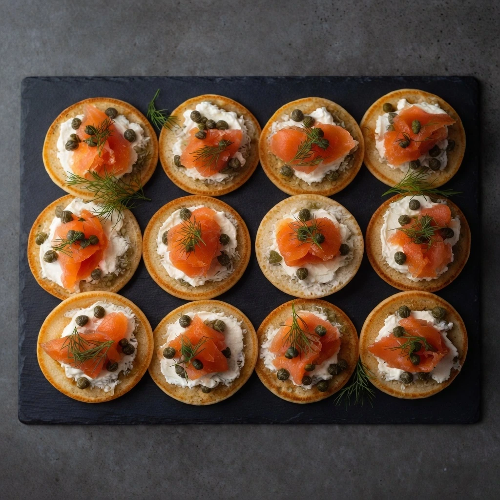 Mini blinis con salmón ahumado y crema de queso