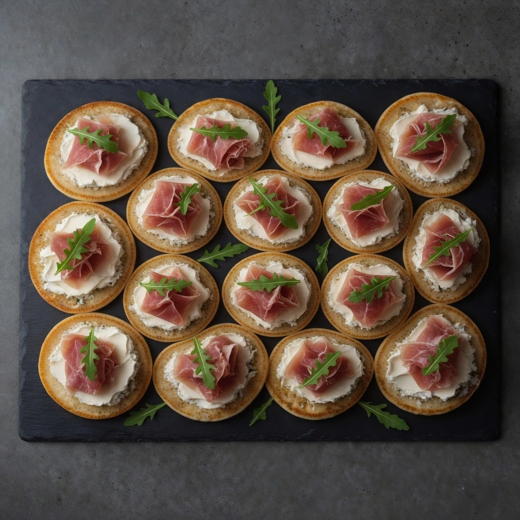 Mini blinis con jamón serrano y crema de queso