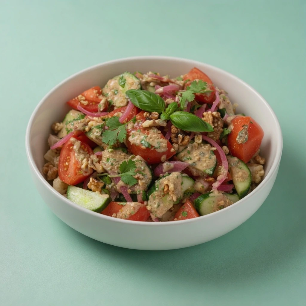Ensalada de tomate y pepino con salsa de nueces