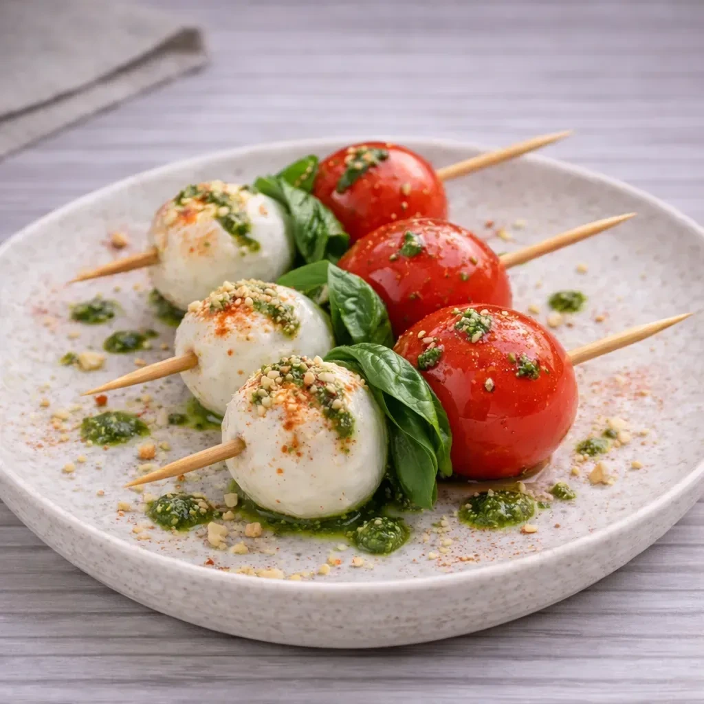 Brocheta caprese con mozzarella, cherry y pesto