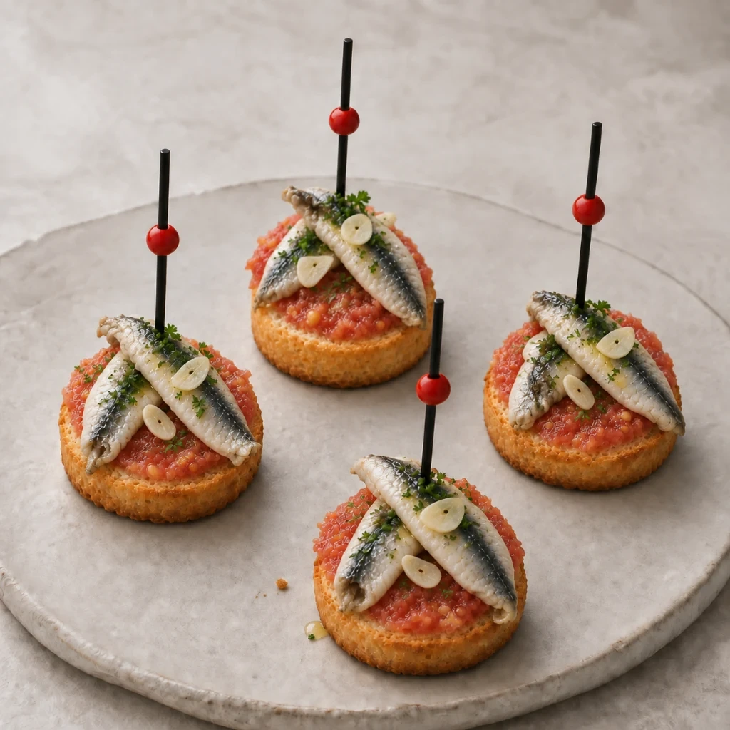 Tosta de boquerones en vinagre con tomate