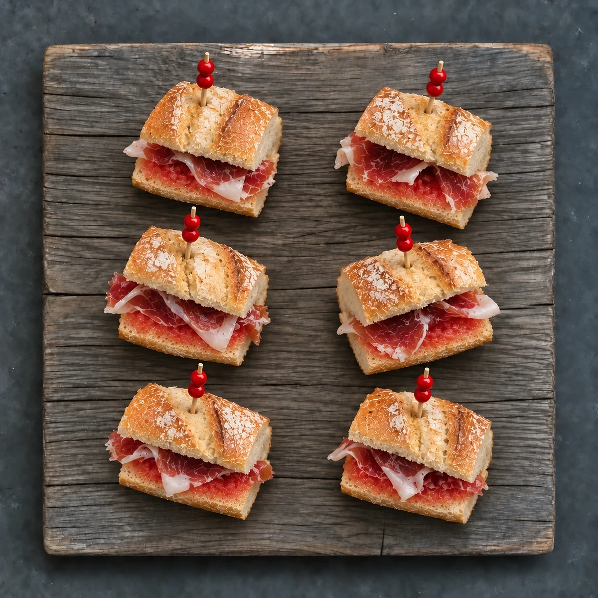 Mini bocadillo de jamón serrano con tomate