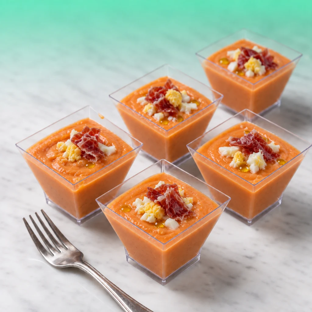 Chupito de salmorejo con jamón y huevo