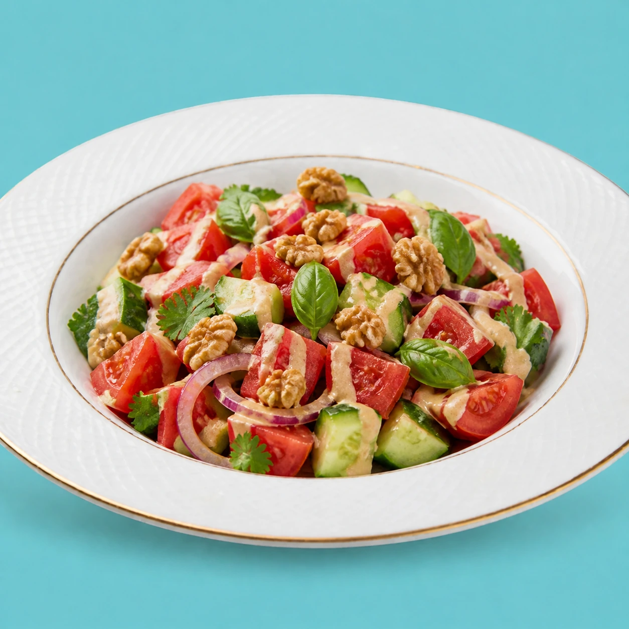 Ensalada de tomate y pepino con salsa de nueces