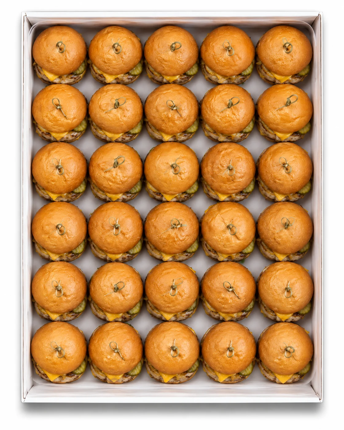 Mini hamburguesas de cerdo con queso y pepinillo — bandeja de 30