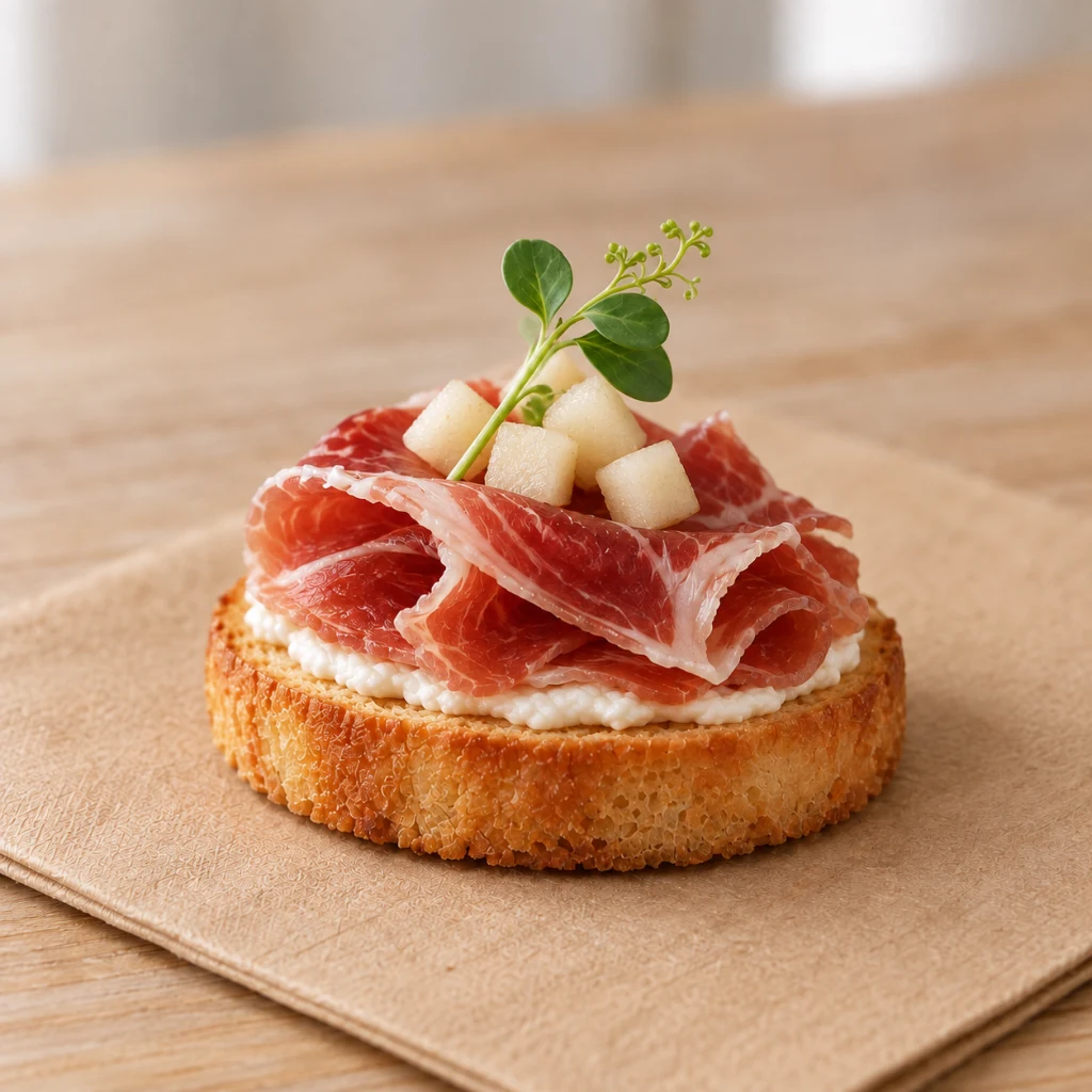 Mini tosta de jamón serrano, pera y mascarpone