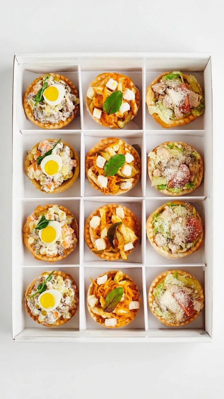 Surtido de mini-ensaladas en tartaleta — ensaladilla rusa, zanahoria, césar