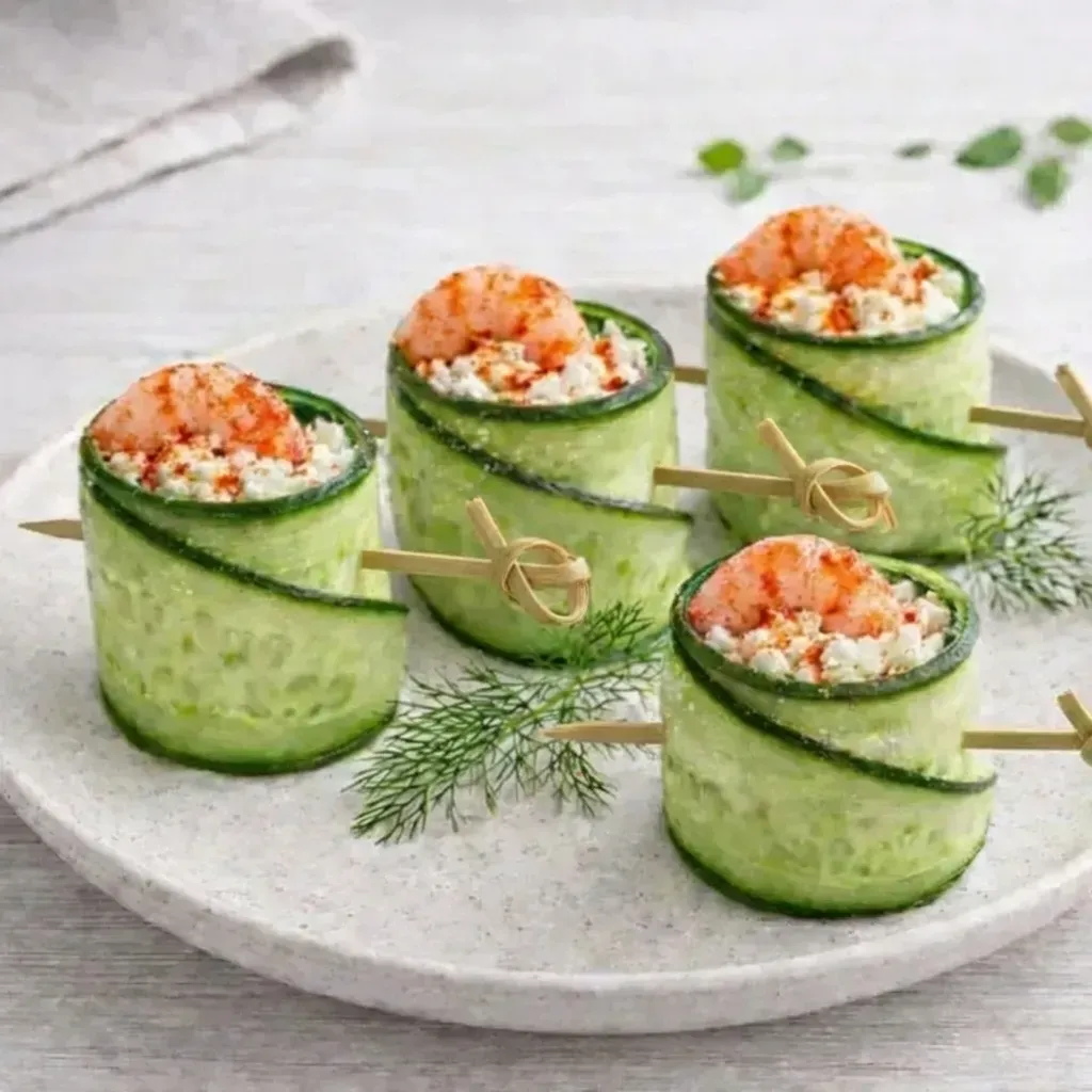 Pincho de pepino con langostino y queso crema