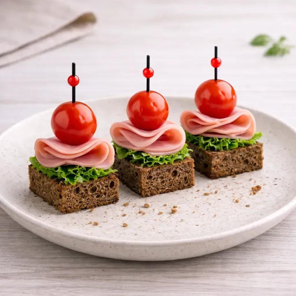 Mini tosta de jamón cocido y tomate cherry