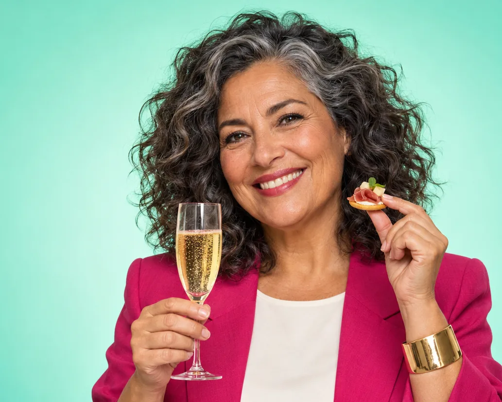 Ilustración de la marca: cóctel con un canapé y una copa de cava