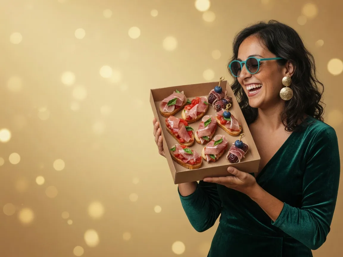 Ilustración de la marca: anfitriona con una caja de tostas de jamón y dátiles para Navidad