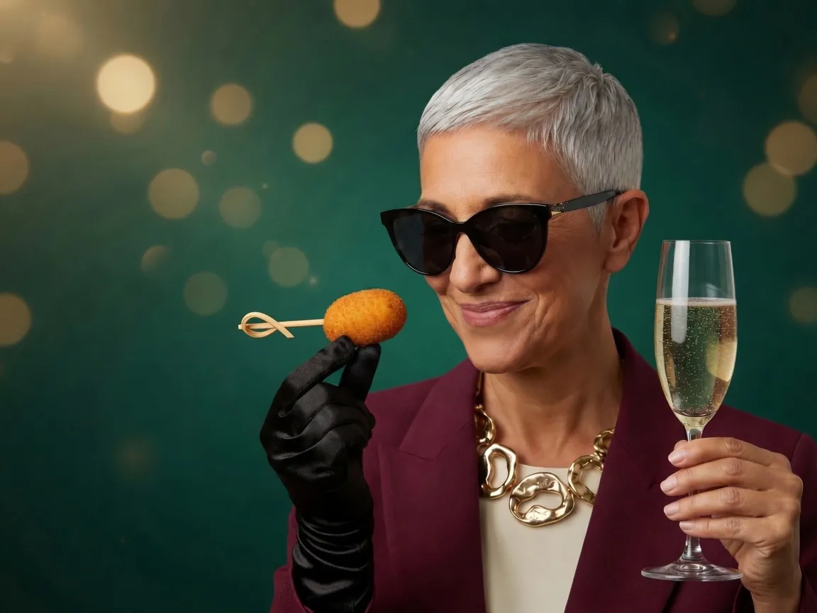Ilustración de la marca: señora con una copa de cava y una croqueta para Nochevieja
