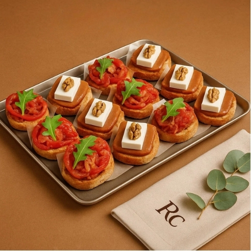 Bandeja 12 Montaditos Veganos — Queso vegano con membrillo / Pimiento asado con cebolla