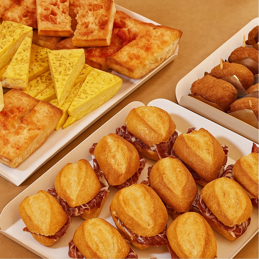 Combo Fiesta Familiar — pan de cristal + tortilla, mini bocadillos ibéricos y croquetas